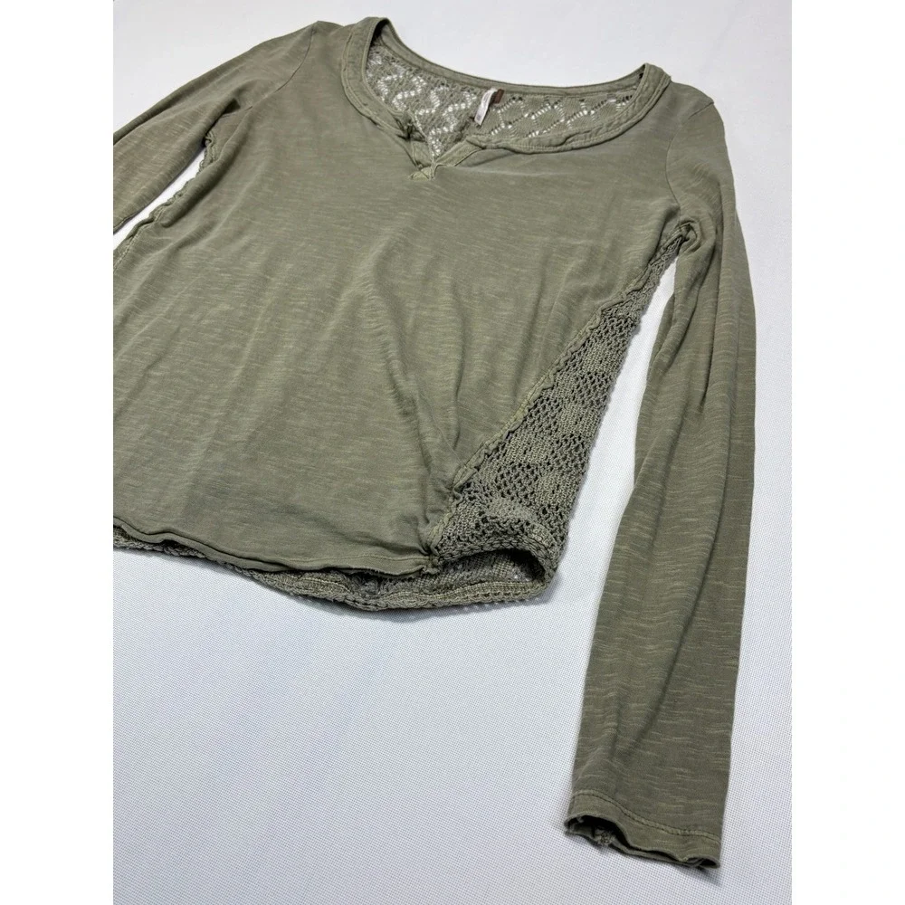 Free People Patchwork Crochet Back Long Sleeve Top Sage XS‎ Boho Indie